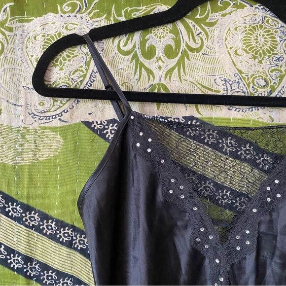 Vintage Y2K Black Silk Bedazzled Fringe Slip Dress Size Extra Small - Picture 4 of 15